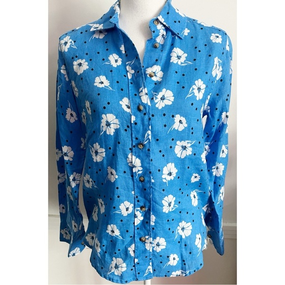 Pure Linen by Marks and Spencer • Blue Floral Button Down Blouse - Picture 1 of 5